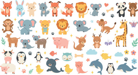 Cute baby animals vector set with lion, elephant, giraffe, panda, penguin, fox, whale, and adorable cartoon wildlife characters © Sanjida