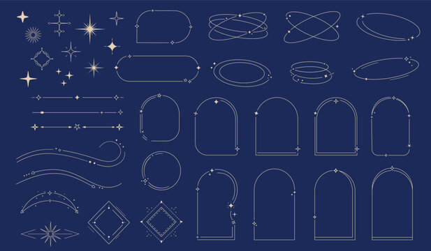 Modern minimalist line frames and star elements set, aesthetic geometric borders, arch frames, decorative dividers and abstract shapes, boho celestial vector elements isolated on dark background
