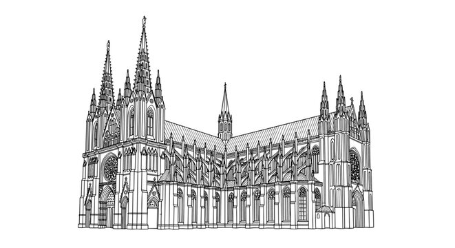 Detailed gothic cathedral architecture in black and white line art