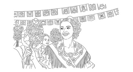 Festive celebration line art: women in traditional attire with floral accents and banners