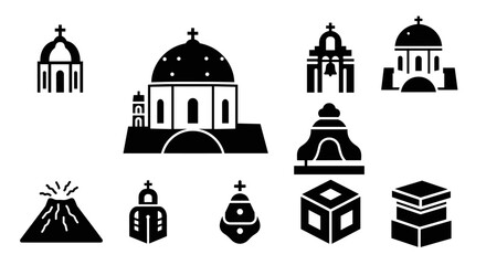 Silhouette icons of mexican culture: churches, volcanoes, and architecture