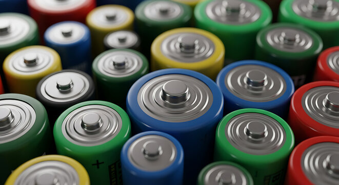 Assorted batteries in various colors arranged closely together on a dark surface viewed from above