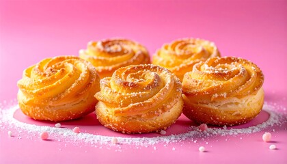 Fototapeta premium Golden crispy spiral pastry rolls with sugar coating on vibrant pink background. Fresh baked sweet treats for bakery menu and dessert