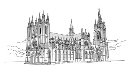 Gothic cathedral architecture line art with detailed spires and ornate facade