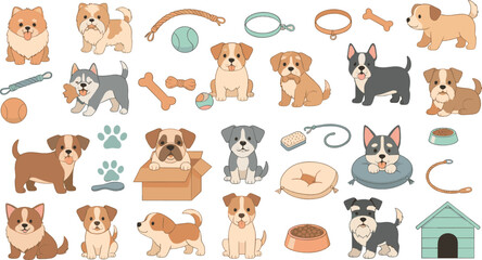 Obraz premium Cute dog and puppy vector set with multiple breeds, toys, bones, bowls, beds, doghouse, and adorable pet characters