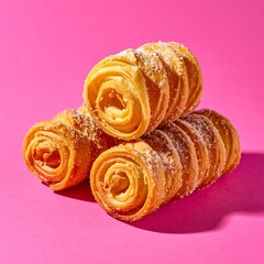 Fototapeta premium Golden crispy spiral pastry rolls with sugar coating on vibrant pink background. Fresh baked sweet treats for bakery menu and dessert