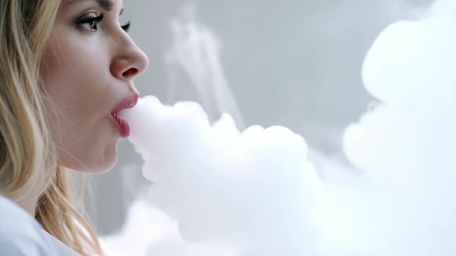 Young Woman Exhaling Dense White Vapor from Mouth Extreme Close Up Profile