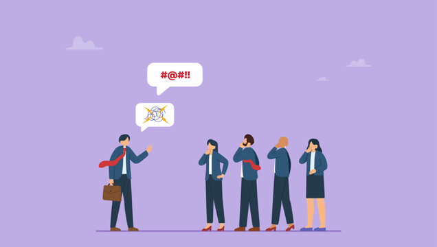 Business people dealing with difficult and fussy coworker. Deal with difficult people, bossy manager or trouble employee, tough or complicated colleague, confusion or conflict.