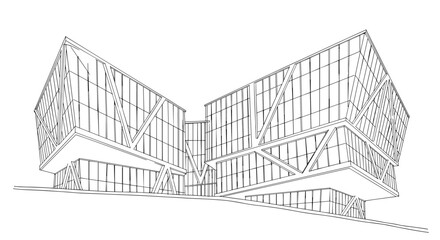 Modern architectural complex with geometric structures and glass facades in line art