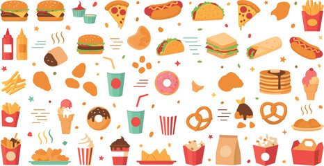 Cute fast food vector set with burgers, pizza, tacos, donuts, fries, drinks, desserts, and colorful cartoon snack illustrations