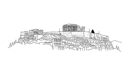 Obraz premium Linear drawing of acropolis in athens: ancient architecture on a hill