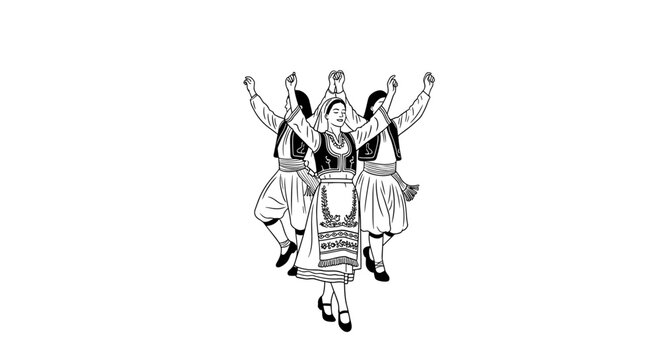 Traditional greek folk dance featuring women in cultural attire