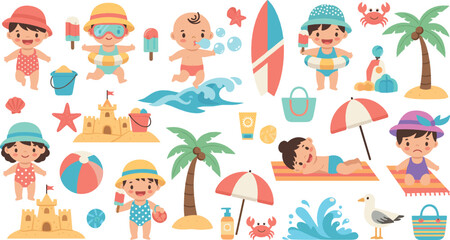 Fototapeta premium Cute summer beach kids vector set with babies playing, sandcastles, surfboards, umbrellas, palm trees, seashells, and fun seaside elements
