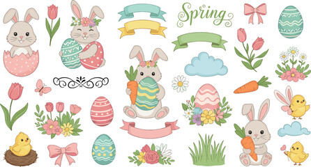 Cute Easter bunny vector set with pastel eggs, spring flowers, chicks, carrots, ribbons, clouds, and adorable rabbits for seasonal designs