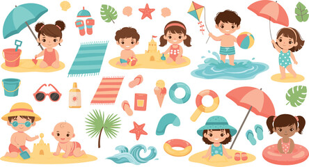 Fototapeta premium Cute summer beach kids vector set with children playing, sandcastles, umbrellas, swimsuits, float rings, palm trees, and fun seaside elements