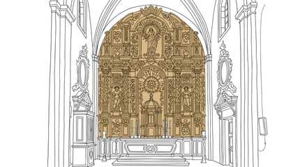 Naklejka premium Detailed architectural line art of ornate baroque church interior
