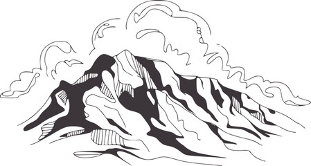 Black and of a mountain range with stylized clouds