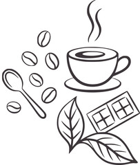 Black and of coffee cup beans spoon chocolate and leaves saucer steam