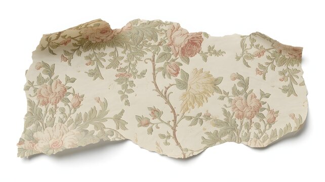 A torn piece of vintage floral wallpaper with a beige background and pink flowers