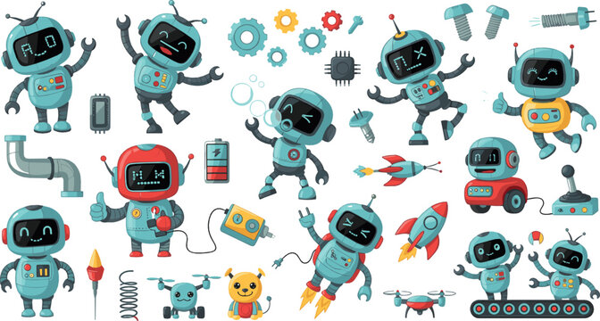 Cute cartoon robot vector set with futuristic AI machines, rockets, tools, gears, and playful tech characters for kids designs