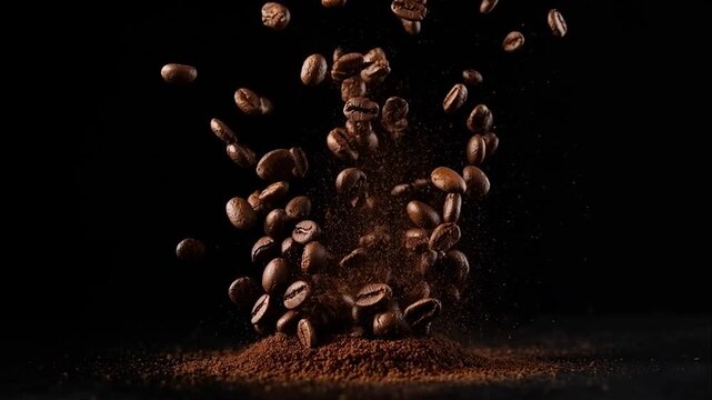 Explosi&oacute;n espectacular de granos de caf&eacute; tostados y polvo en c&aacute;mara lenta sobre fondo negro, capturando la energ&iacute;a, textura y frescura del aroma.