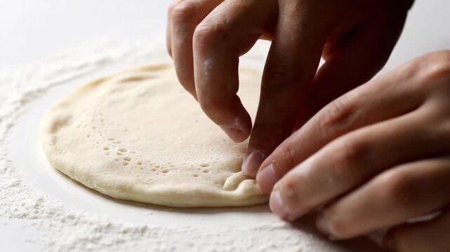 Hands meticulously fold and crimp the raw circular dough on a floured surface, creating a decorative, wavy border for a pizza crust. This details the artisanal preparation process.