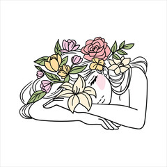 Minimalist woman sleeping adorned with pastel flowers Vector