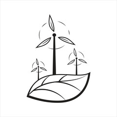 Eco wind turbines on leaf - renewable energy line art Vector