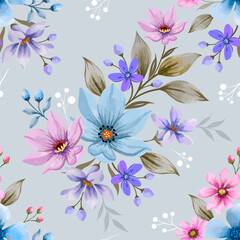 Obraz premium Seamless pink and blue lily floral pattern vector featuring a nature-inspired blossom design with spring leaves and summer flowers for a decorative fabric wallpaper texture