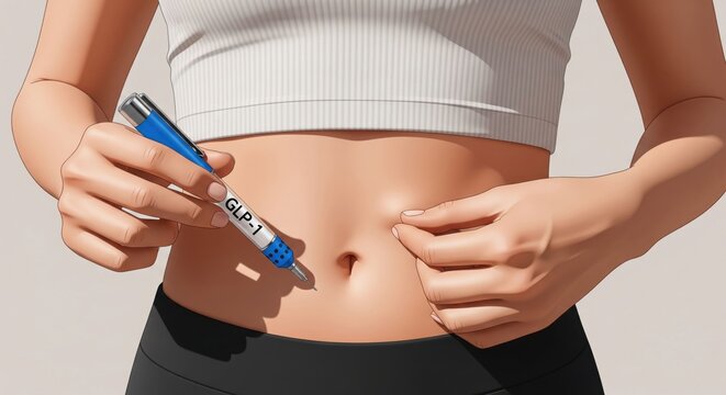 Illustrated GLP-1 injection in abdomen, modern weight loss and diabetes treatment concept, healthcare, medication, wellness and metabolic therapy, medical illustration