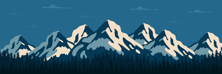 Vector illustration of snow-covered mountains showing an untouched winter landscape. Towering snowy peaks under a clear blue sky with forest below. Flat scenic design for nature and travel themes © leskovets