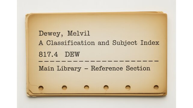 A close-up of a vintage library card catalog with a classification index