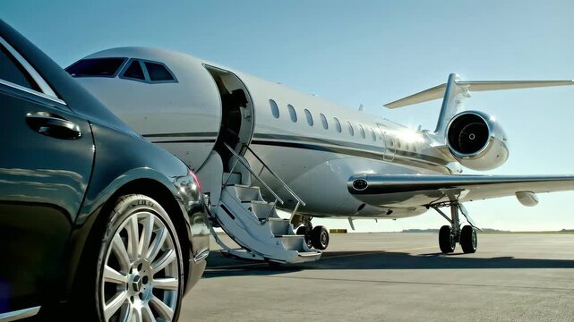 Luxury Private Jet with Open Stairs and Sleek Black Car on Airport Runway