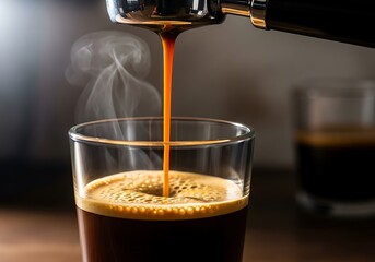 Espresso machine pours rich, aromatic coffee into a glass cup, capturing fresh brew, crema, and steaming energy of a modern cafe morning ritual closeup lifestyle.