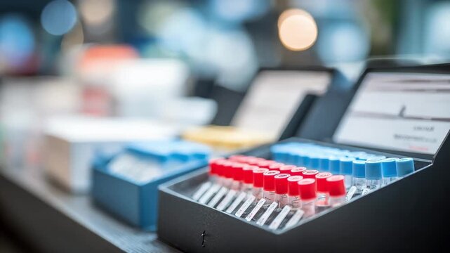 Medium shot of a small pointofcare testing bench with rapid flu test kits arranged neatly main test device in sharp focus and background blurred softly.