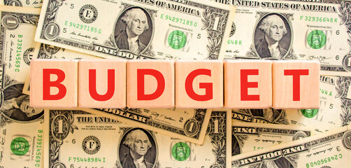 Budget symbol. Concept word Budget on beautiful wooden blocks. Beautiful dollar bills background....