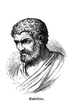 Euclid with beard and classical attire holding geometric instruments, showing Hellenistic mathematician iconography and foundational geometry text authorship, old vintage illustration, 1880.