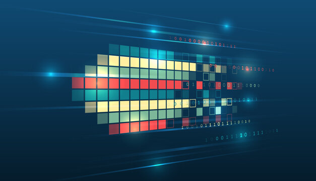 Abstract big data technology background with colorful pixel blocks and binary code on blue gradient, representing analytics, digital processing, information flow and modern AI systems.