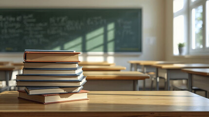 Stack of books on wooden table in empty classroom with chalkboard in background, creating serene educational atmosphere