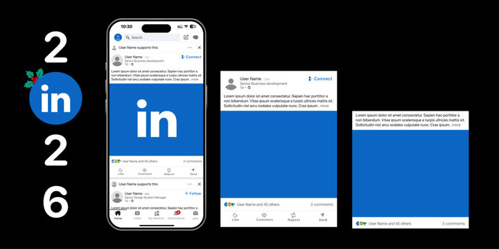 LinkedIn Text Post UI Template Mockup with Transparent Content Section and Like, Comment, Repost, Send, Follow Buttons for Social Media App Interface Vector Illustration.