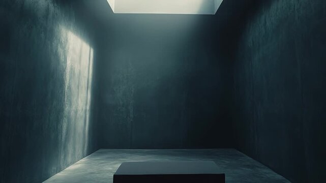 Empty concrete room with textured walls and floor, beams of light from overhead opening and narrow window illuminate a dark rectangular bench in a minimalist, mysterious space