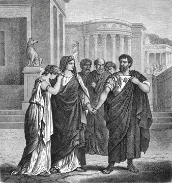 Marcus Atilius Regulus honoring his oath by returning to Carthaginian captivity while family and citizens watch near columned buildings and dog statue, old vintage illustration, 1880
