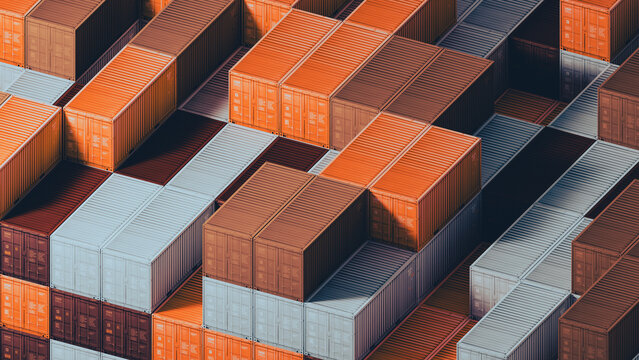View of stacked industrial containers in storage area