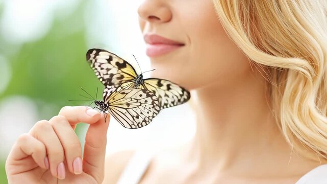 Close-up of woman's face with two butterflies resting on her finger
