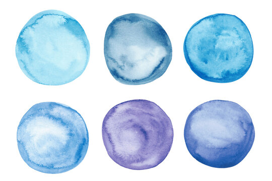 Blue Watercolor Circles Set. Hand painted circle blobs isolated on white background. Watercolour paint blue round stains collection.