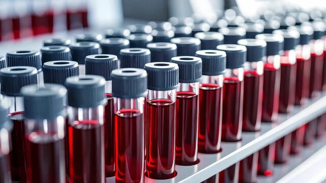Row of medical test tubes filled with red liquid for laboratory analysis