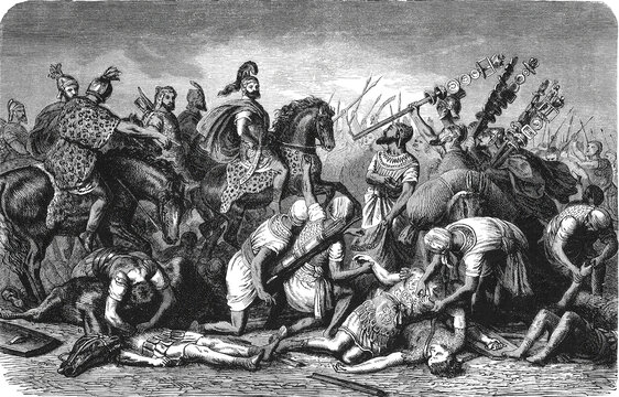 Roman legionaries surrendering their rings and personal jewelry before Hannibal Barca after battlefield defeat, old vintage illustration, 1880