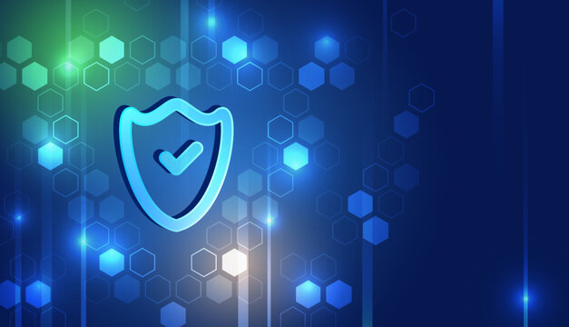 Digital security background with glowing shield and checkmark over a hexagonal pattern, symbolizing data protection, trust, privacy, and secure technology systems.