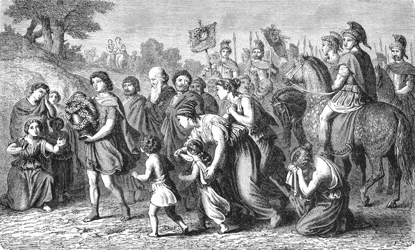 Polybius leading solemn procession carrying Philopoemen's ashes to Megalopolis with citizens, soldiers and riders, old vintage illustration, 1880.