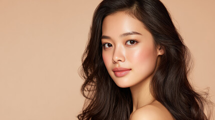 Fototapeta premium Young Asian woman with clear skin, soft makeup and long hair on pink background with her calm toward the camera.